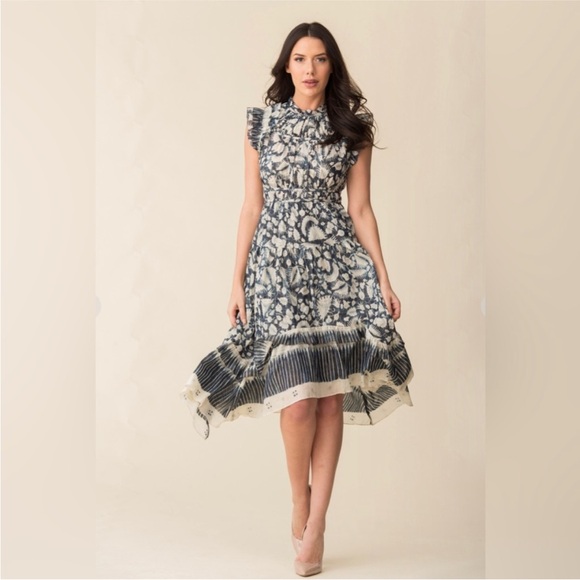 Ulla Johnson‎ Amalia Dress Indigo Batik Print High Low Midi Dress Ruffle Size 10 - Picture 2 of 16